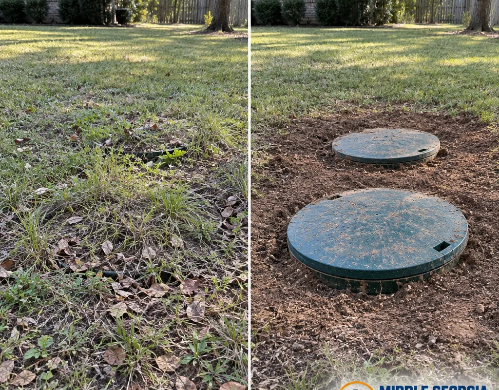 Before and after view of a buried septic lid area exposed for service and neatly restored afterward