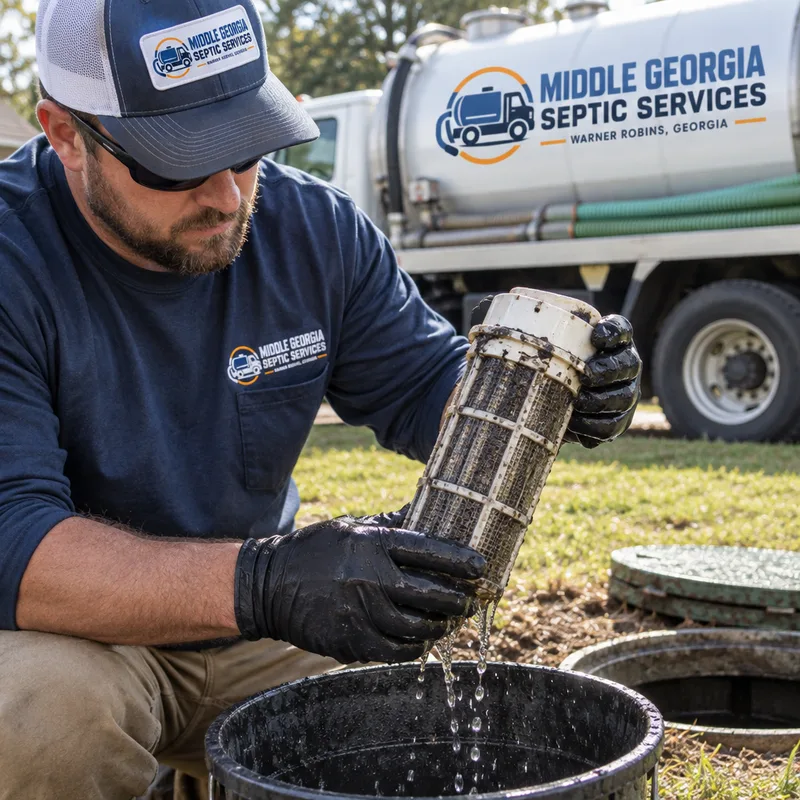 Technician cleaning a septic effluent filter over a containment bucket near the tank access