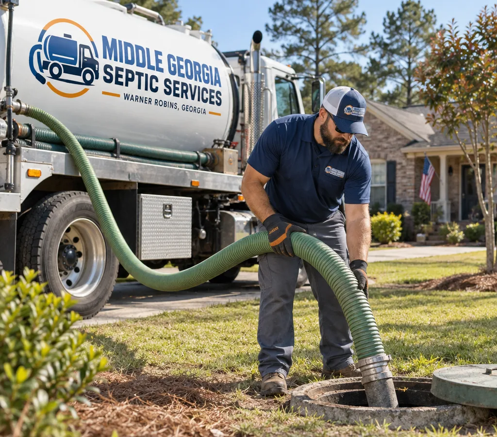 Technician at a Warner Robins residential property preparing a vacuum hose for septic tank pumping