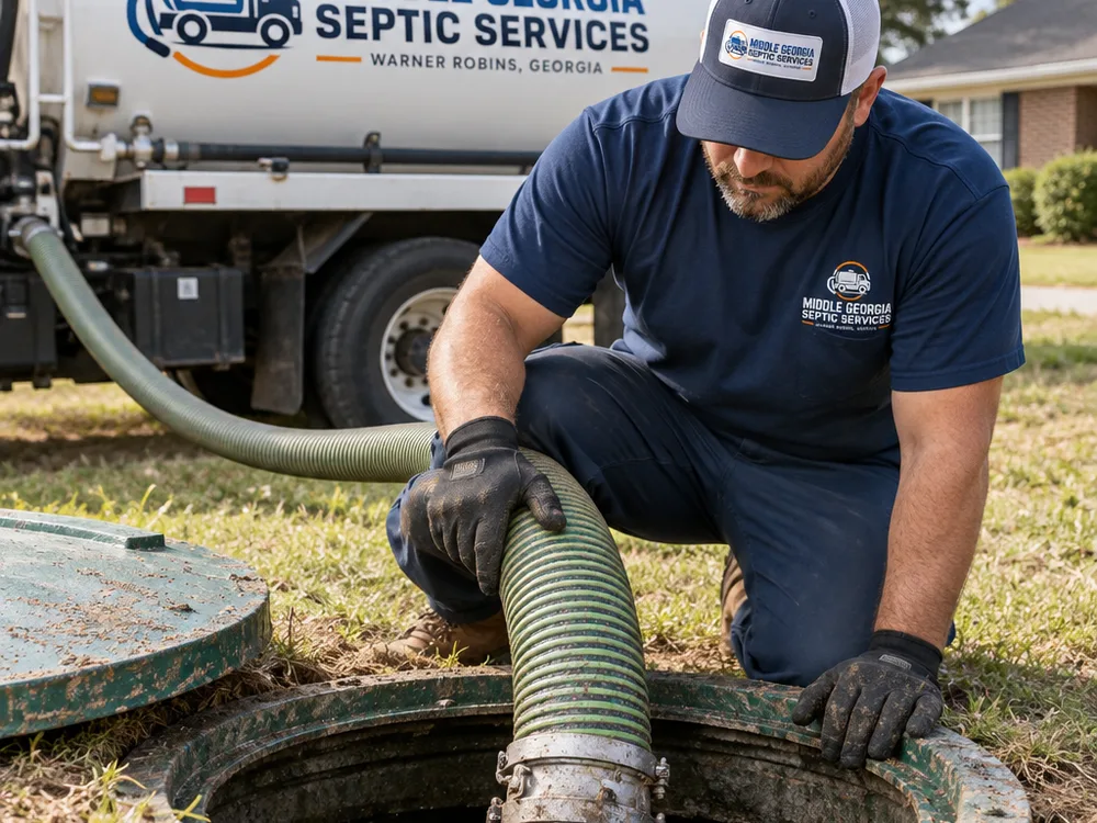 Exposed septic tank lids with a vacuum hose connected while a gloved technician inspects the tank opening