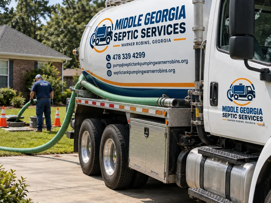 Vacuum truck on a residential driveway with hoses safely routed to a marked septic access area
